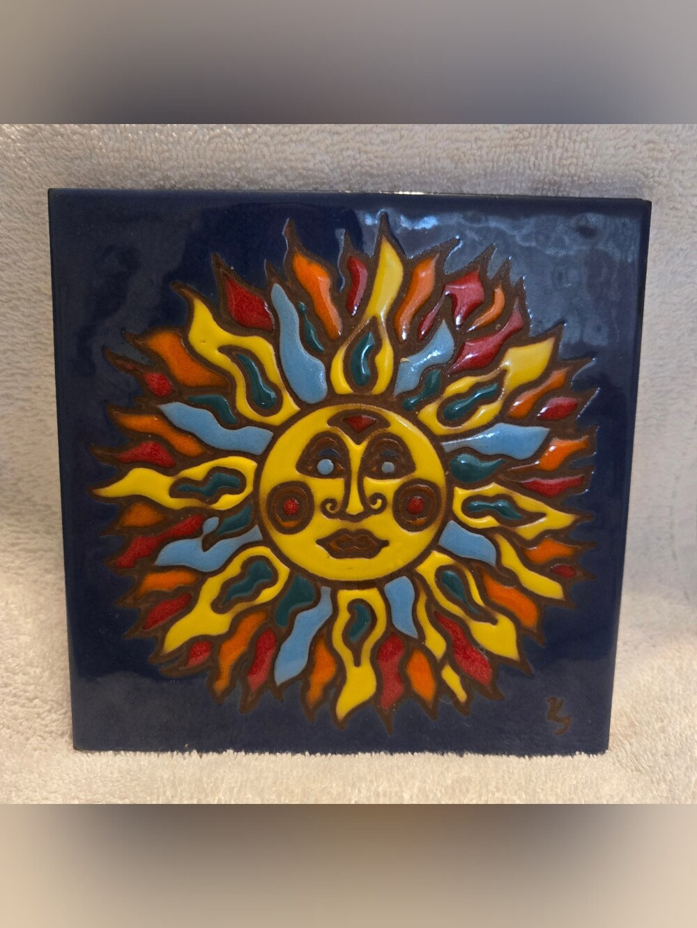 Earthtones Sun Face Celestial Southwestern Ceramic Wall Art Tile - Multicolor